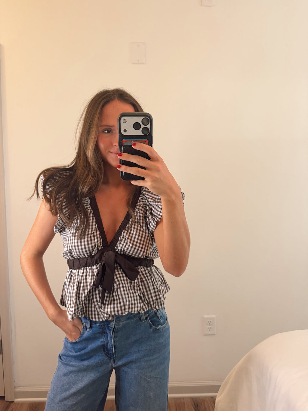 BROWN GINGHAM BOW TOP