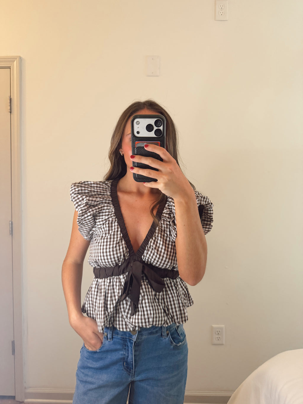 BROWN GINGHAM BOW TOP