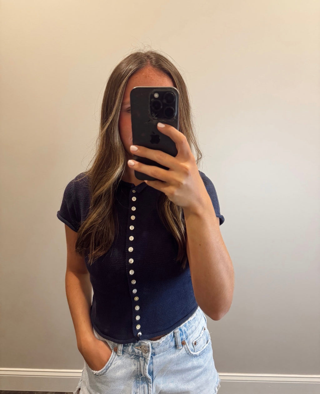 NAVY BUTTON FRONT KNIT TOP