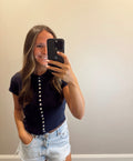 NAVY BUTTON FRONT KNIT TOP