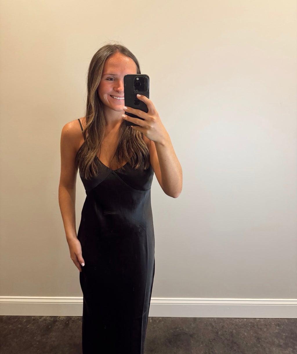 BLACK SATIN SLIP DRESS